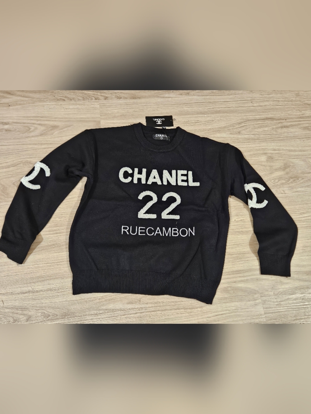 NEW - Black CHANEL Inspired 'Rue Cambon 22 Logo Sweater - Sz Med